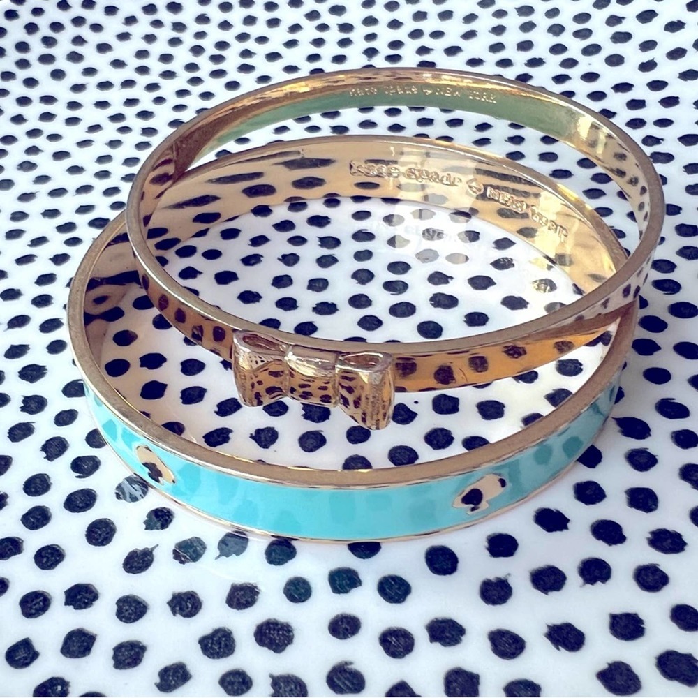 KATE SPADE Bow & Spades Tiffany Blue Gold Bangle Set Two Bracelets EXCELLENT EC - Picture 1 of 8